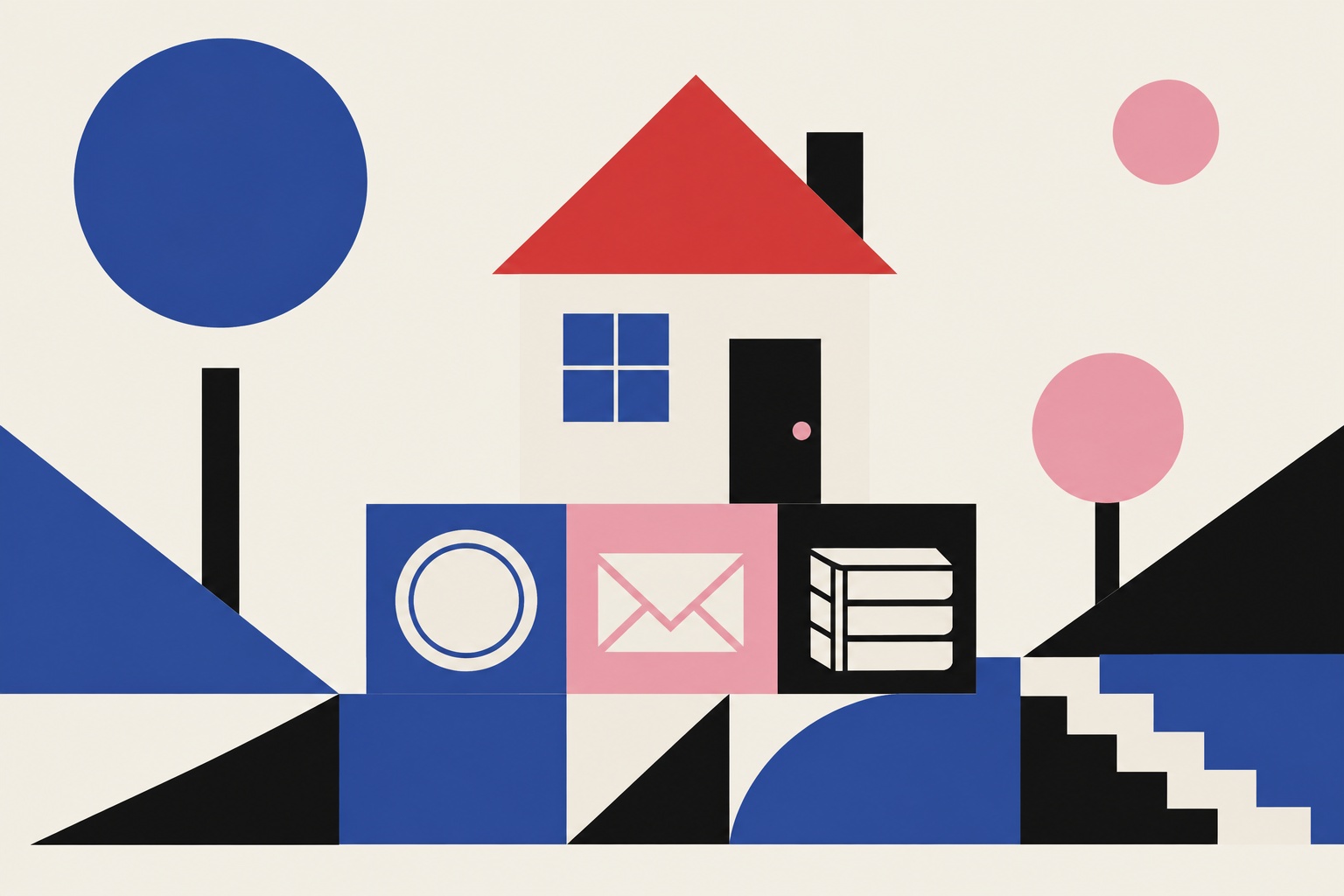 Ein Haus auf einem Fundament aus geometrischen Blöcken, in die Stempel, Steuerbrief und Grundbuch eingeprägt sind