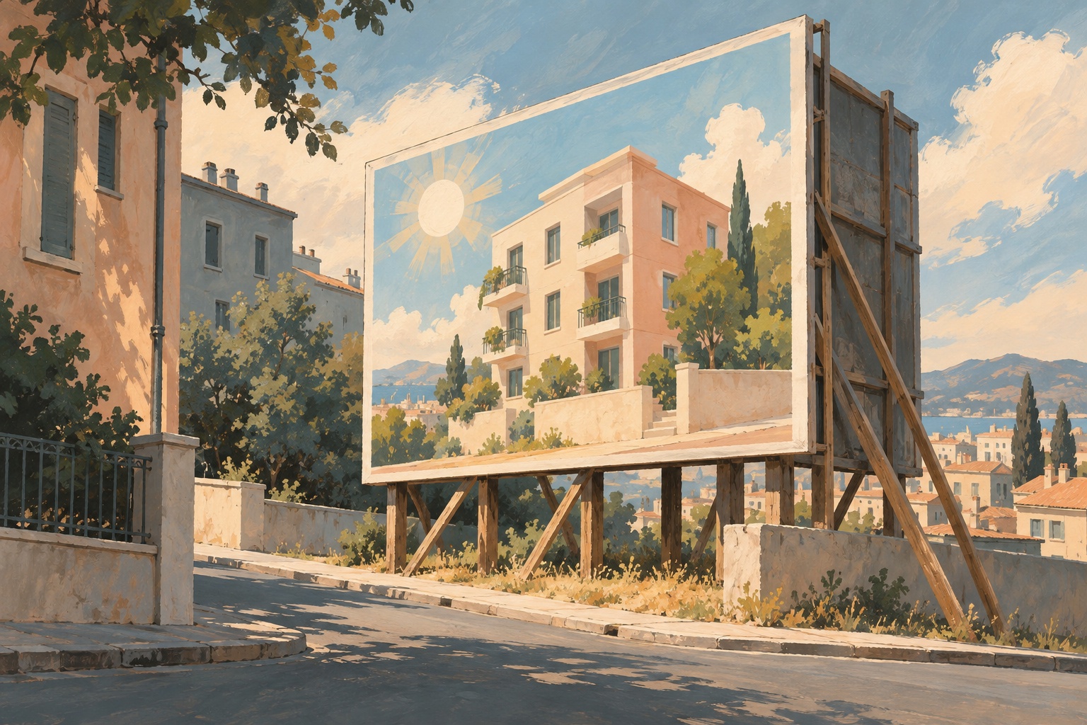 Ein strahlendes Werbeplakat mit einem Haus, hinter dem Plakat sieht man Gerüst und Stützbalken
