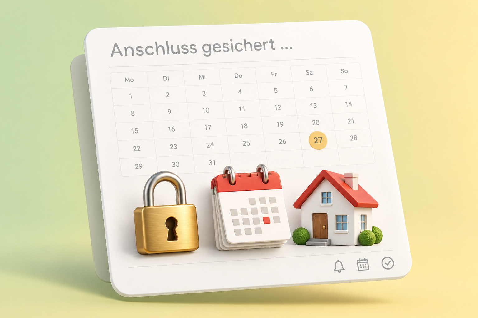 Eine App-Karte mit Kalender, ein Datum fünf Jahre voraus markiert, dazu Schloss und Haus als Symbole