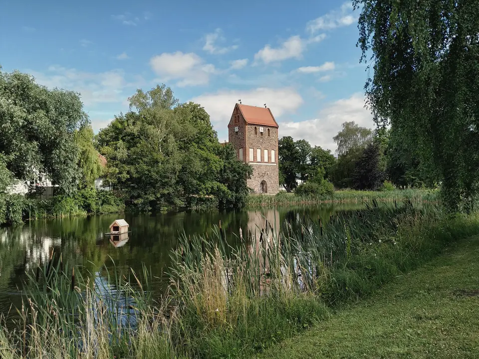 Dorfteich in Lindenberg im Sommer, im Hintergrund die Dorfkirche