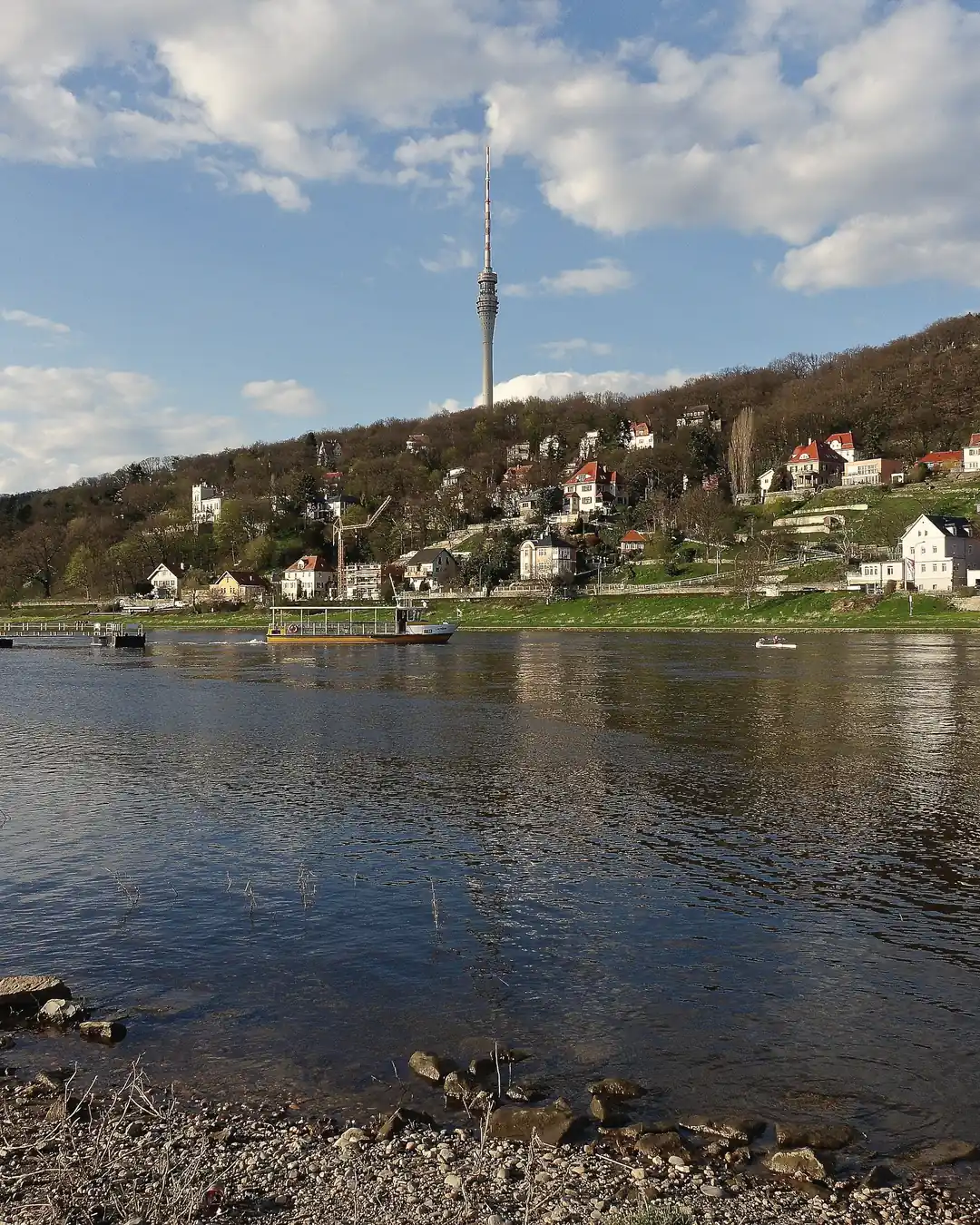 Elbe bei Dresden-Laubegast mit Fähre und Blick auf das Ufer von Niederpoyritz