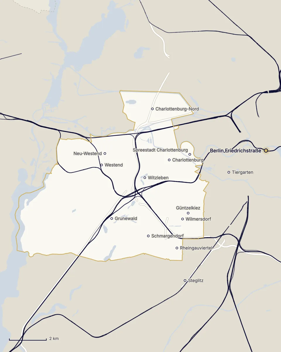 Karte des Bezirks Charlottenburg-Wilmersdorf: Charlottenburg-Nord, Westend und Neu-Westend, Charlottenburg mit der Spreestadt, Witzleben, Wilmersdorf mit dem Güntzelkiez und dem Rheingauviertel, Schmargendorf und Grunewald, dazu die Bahnstrecken, die Autobahnen, Spree und Havel und der Bahnhof Friedrichstraße im Osten