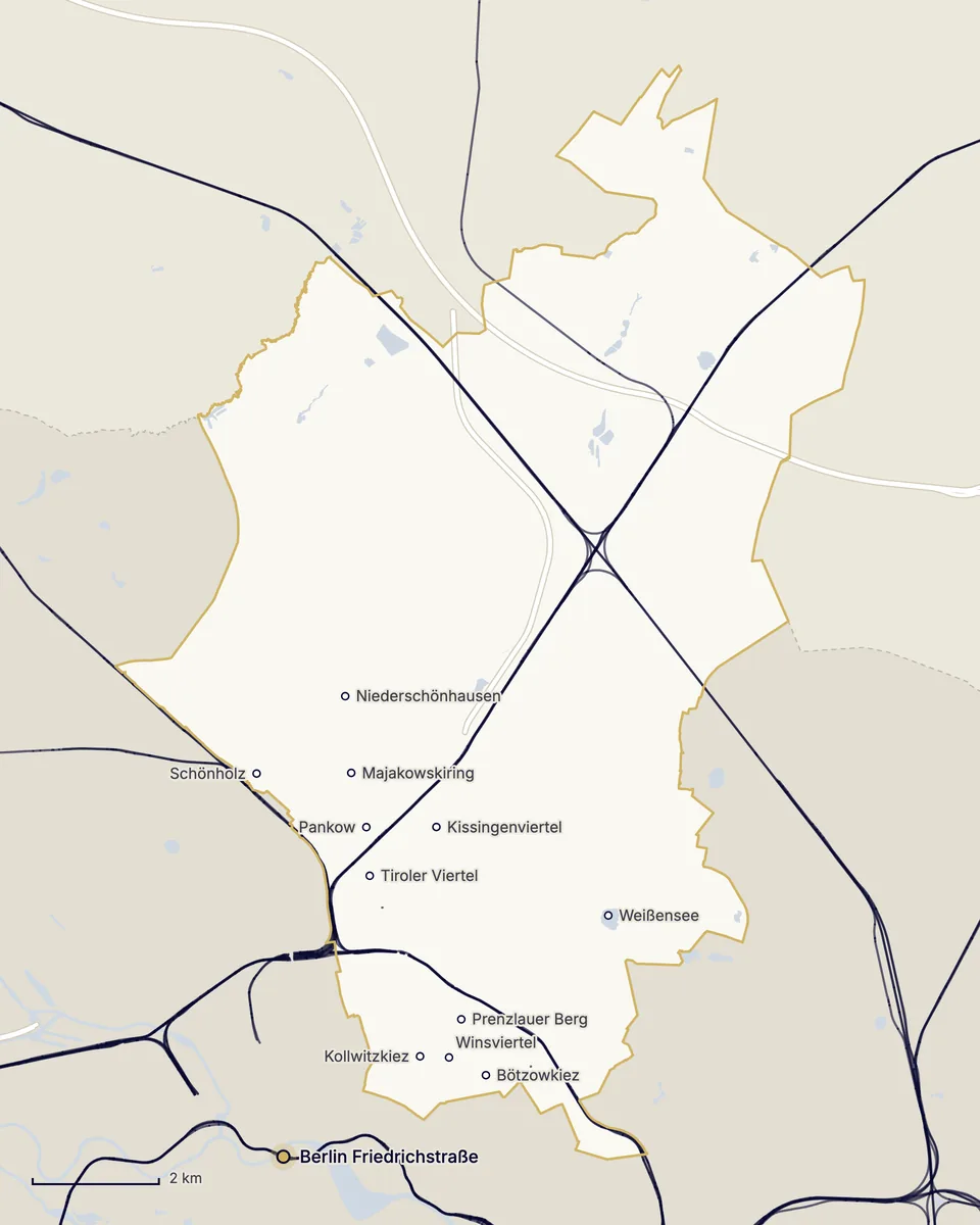 Karte des Bezirks Pankow: Pankow mit Tiroler Viertel, Kissingenviertel und Majakowskiring, Niederschönhausen und Schönholz, Prenzlauer Berg mit Kollwitzkiez, Winsviertel und Bötzowkiez, Weißensee, dazu die Bahnstrecken, die Autobahn und der Bahnhof Friedrichstraße im Süden