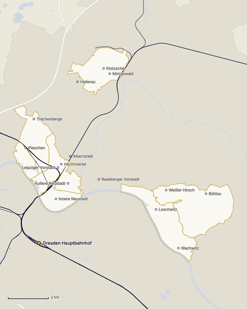 Karte von Dresden-Nord: Innere und Äußere Neustadt, Leipziger Vorstadt, Pieschen und Trachenberge, Klotzsche mit Hellerau und Königswald, Loschwitz, Wachwitz, Weißer Hirsch und Bühlau, die Orte Hechtviertel, Albertstadt und Radeberger Vorstadt, dazu die Elbe, die Bahnstrecken, die Autobahn und der Dresdner Hauptbahnhof im Süden