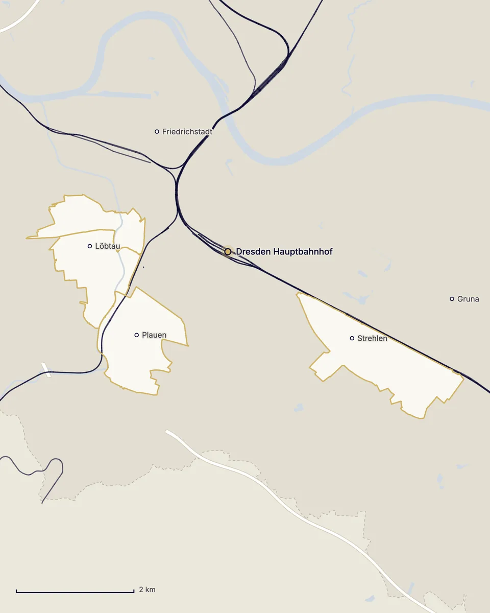 Karte von Dresden-Süd: Löbtau-Nord und Löbtau-Süd, Plauen und Strehlen, die Orte Friedrichstadt und Gruna, dazu die Elbe, die Weißeritz, die Bahnstrecken, die Autobahnen und der Dresdner Hauptbahnhof zwischen Plauen und Strehlen