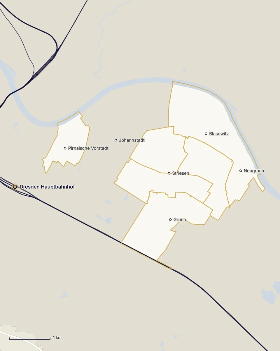 Karte von Dresden-Zentrum: Blasewitz mit Neugruna, Striesen-Ost, Striesen-Süd und Striesen-West, Gruna und die Pirnaische Vorstadt, dazu die Johannstadt als Ortspunkt, die Elbe, die Bahnstrecken und der Dresdner Hauptbahnhof im Westen