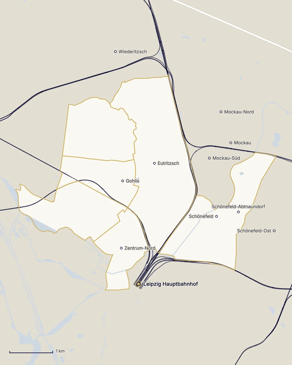 Karte von Leipzig-Nord: Gohlis, Eutritzsch, Zentrum-Nord und Schönefeld-Abtnaundorf, dazu Schönefeld, Schönefeld-Ost, Mockau, Mockau-Nord und Mockau-Süd als Ortspunkte, Wiederitzsch im Norden, die Bahnstrecken und der Leipziger Hauptbahnhof im Süden