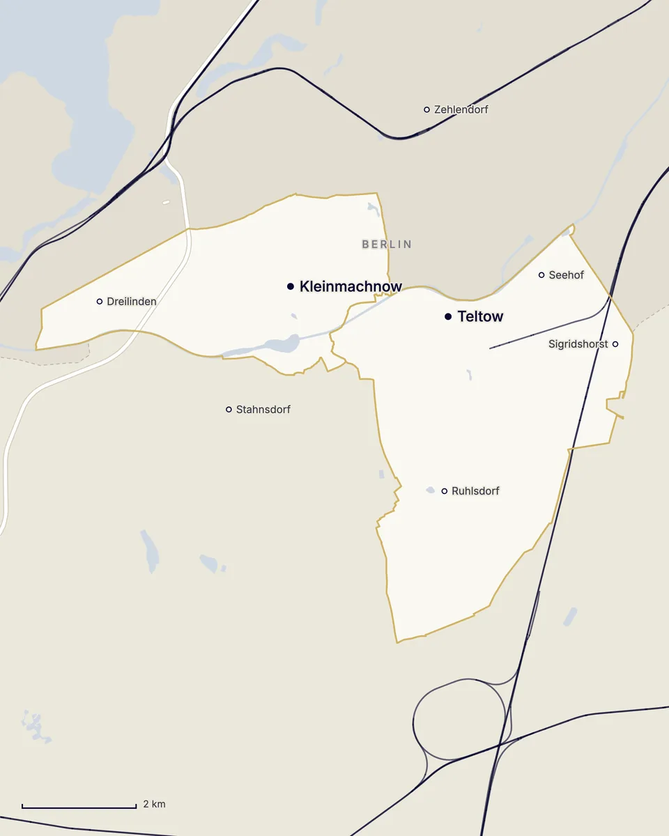 Karte von Teltow und Kleinmachnow: Teltow mit Seehof, Sigridshorst und Ruhlsdorf, Kleinmachnow mit Dreilinden, dazu Stahnsdorf, die Bahnstrecken, der Teltowkanal und die Grenze zu Berlin im Norden