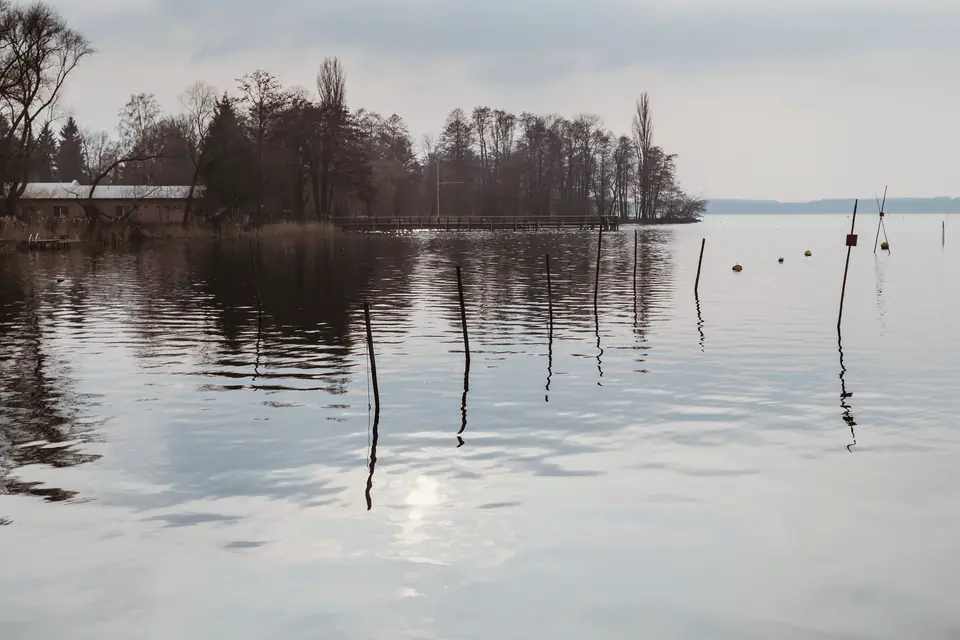 Glatte Wasserfläche des Schwielowsees mit Pfählen und Spiegelungen, links eine Landzunge mit kahlen Bäumen, Steg und einem langen, flachen Gebäude, hinten das flache Gegenufer unter hellem, bedecktem Himmel