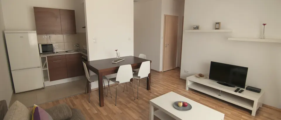 Möblierte Wohnung mit Küchenzeile, Esstisch und Sitzecke